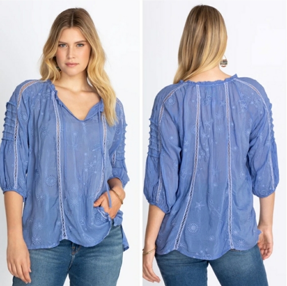 Johnny Was Tops - Johnny Was Celestin Tie Closure 3/4 Sleeve Pullover Embroidered Blouse Blue NWT